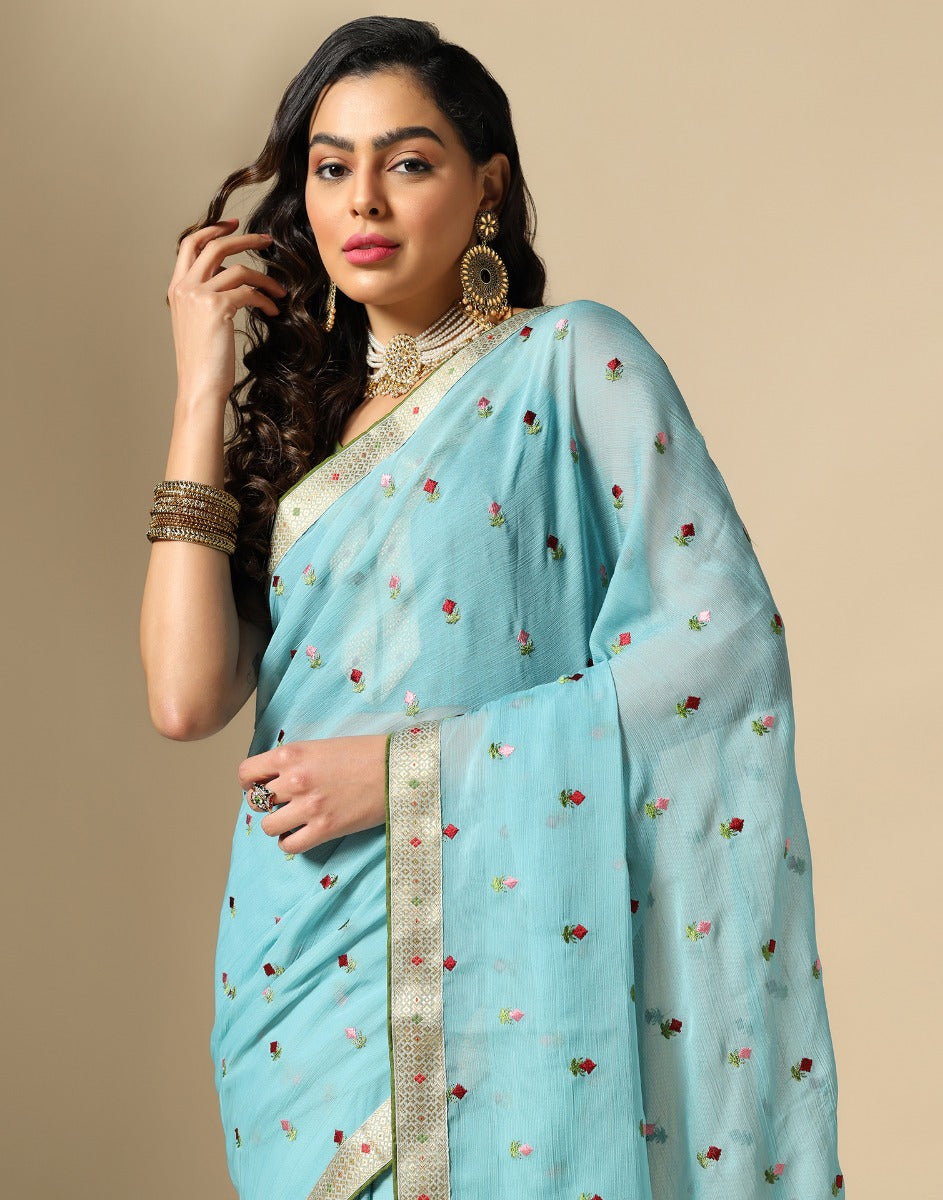 Sea Green Chiffon Embroidery Saree | Leemboodi