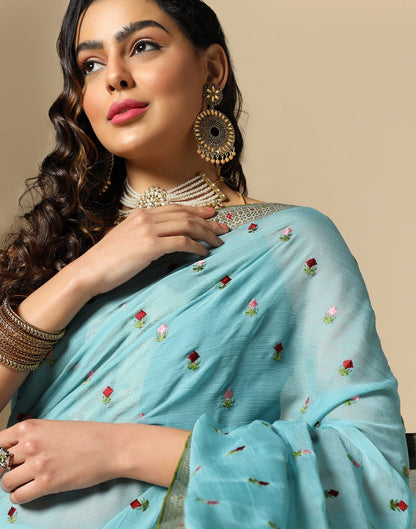Sea Green Chiffon Embroidery Saree | Leemboodi