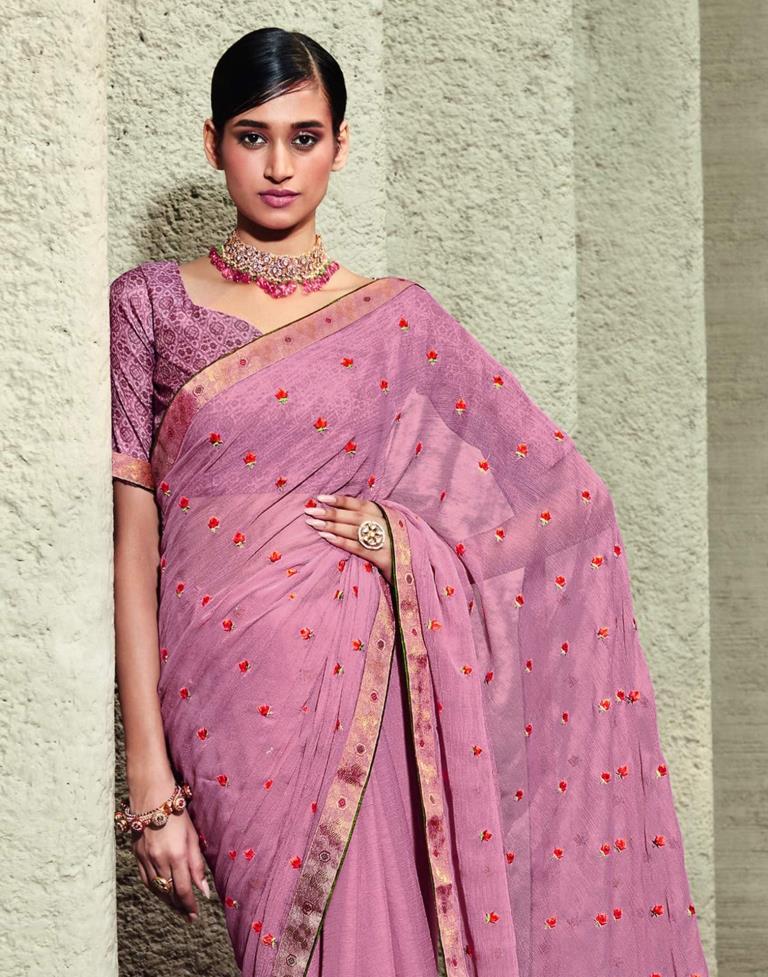 Pink Chiffon Embroidery Saree | Leemboodi