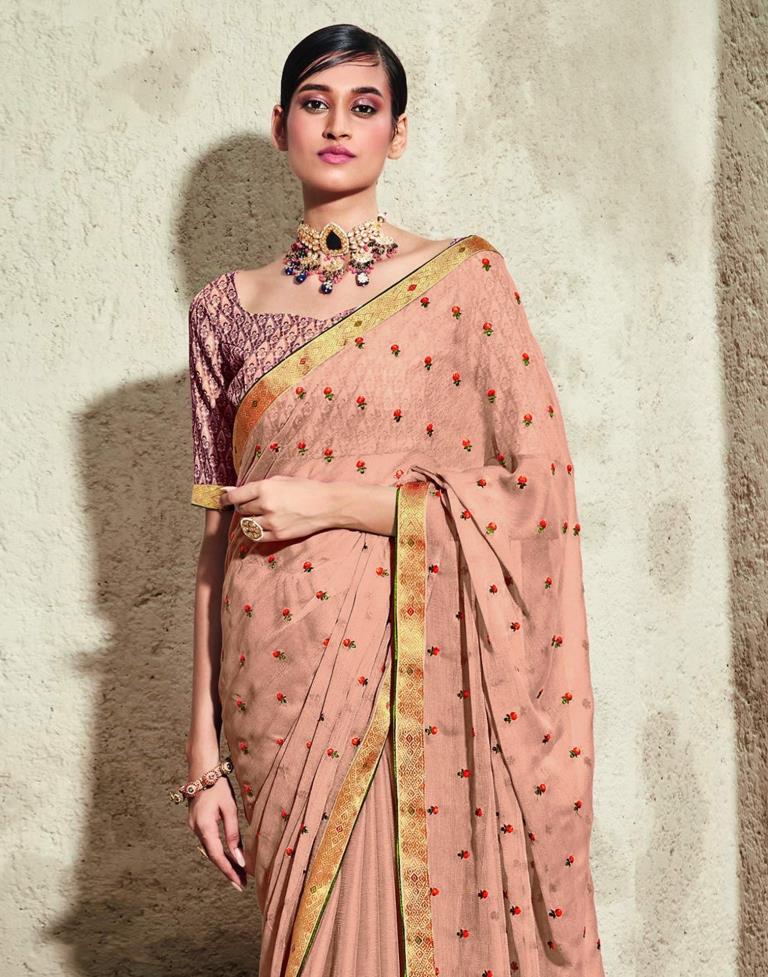 Light Peach Chiffon Embroidery Saree | Leemboodi