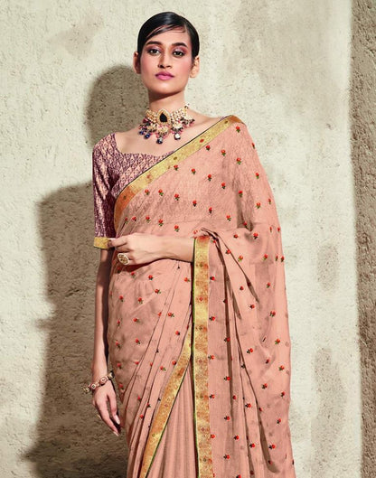 Light Peach Chiffon Embroidery Saree | Leemboodi