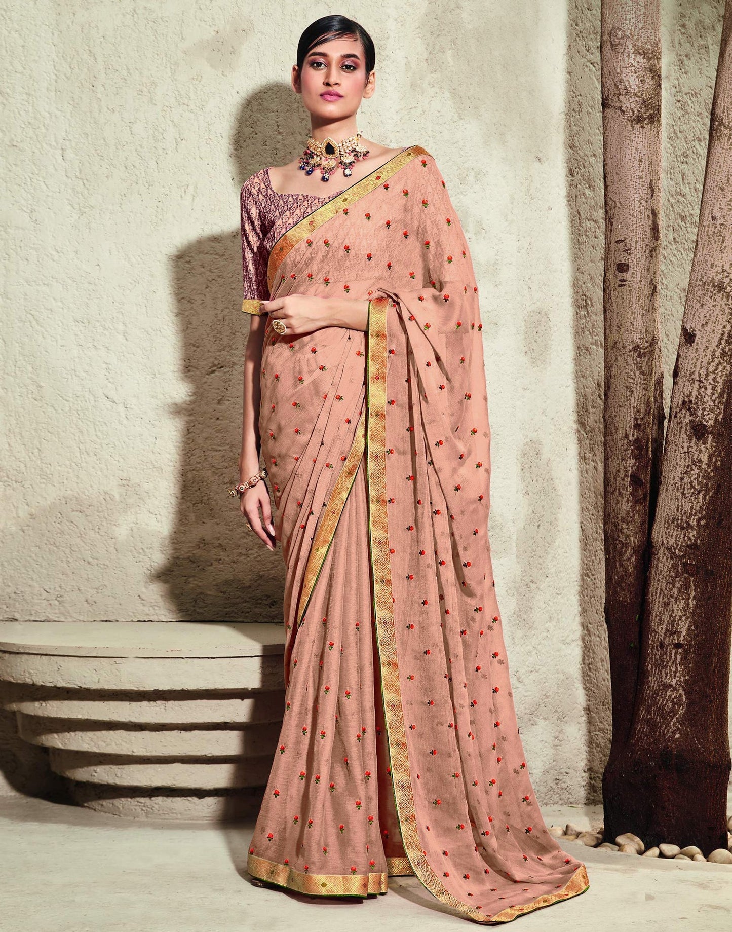 Light Peach Chiffon Embroidery Saree | Leemboodi