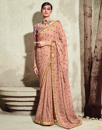 Light Peach Chiffon Embroidery Saree | Leemboodi