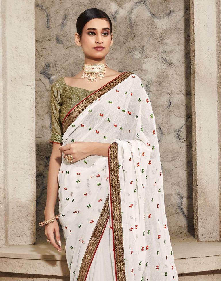 White Chiffon Embroidery Saree | Leemboodi