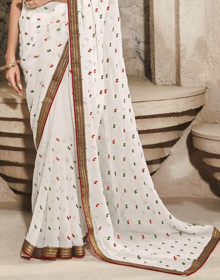 White Chiffon Embroidery Saree | Leemboodi