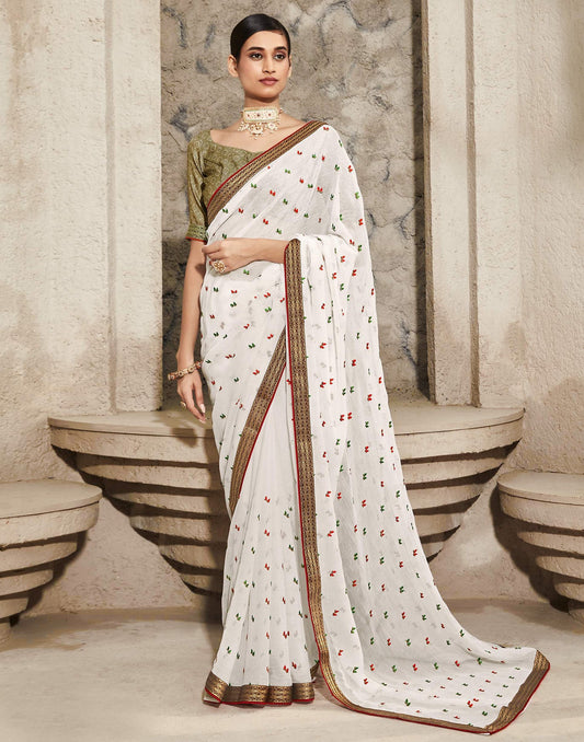 White Chiffon Embroidery Saree | Leemboodi
