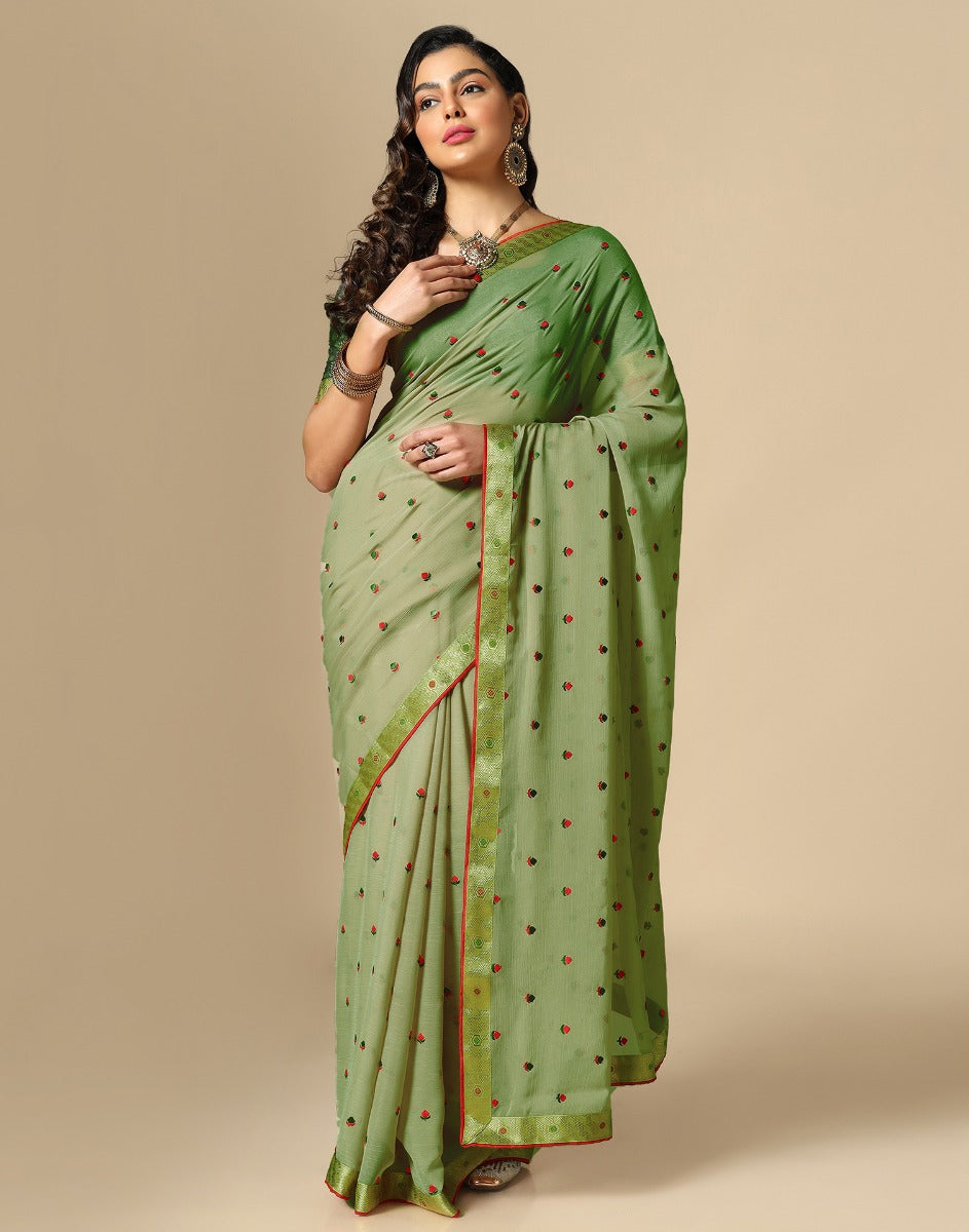 Light Green Chiffon Embroidery Saree | Leemboodi