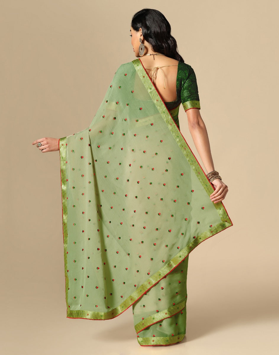 Light Green Chiffon Embroidery Saree | Leemboodi