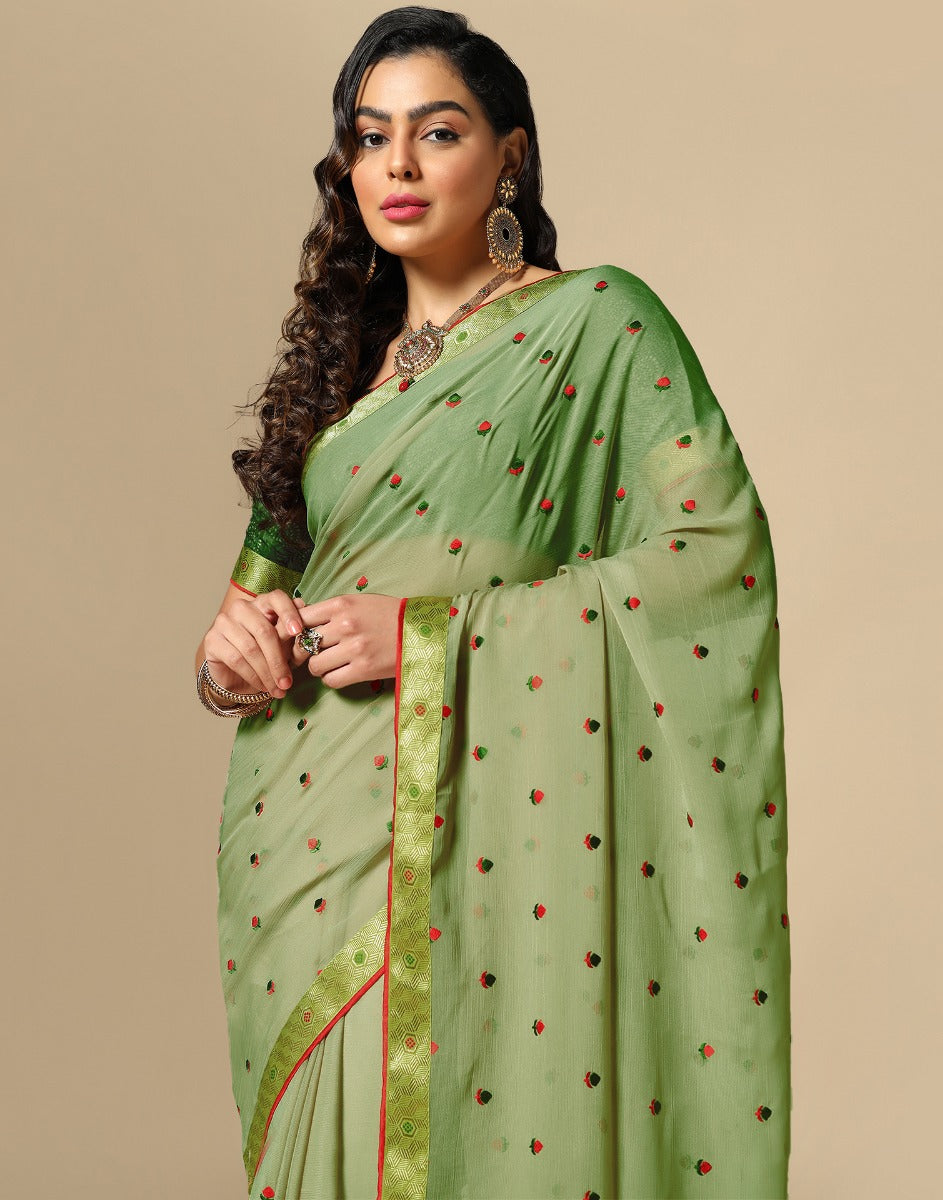 Light Green Chiffon Embroidery Saree | Leemboodi