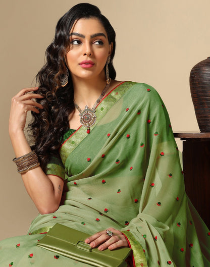 Light Green Chiffon Embroidery Saree | Leemboodi