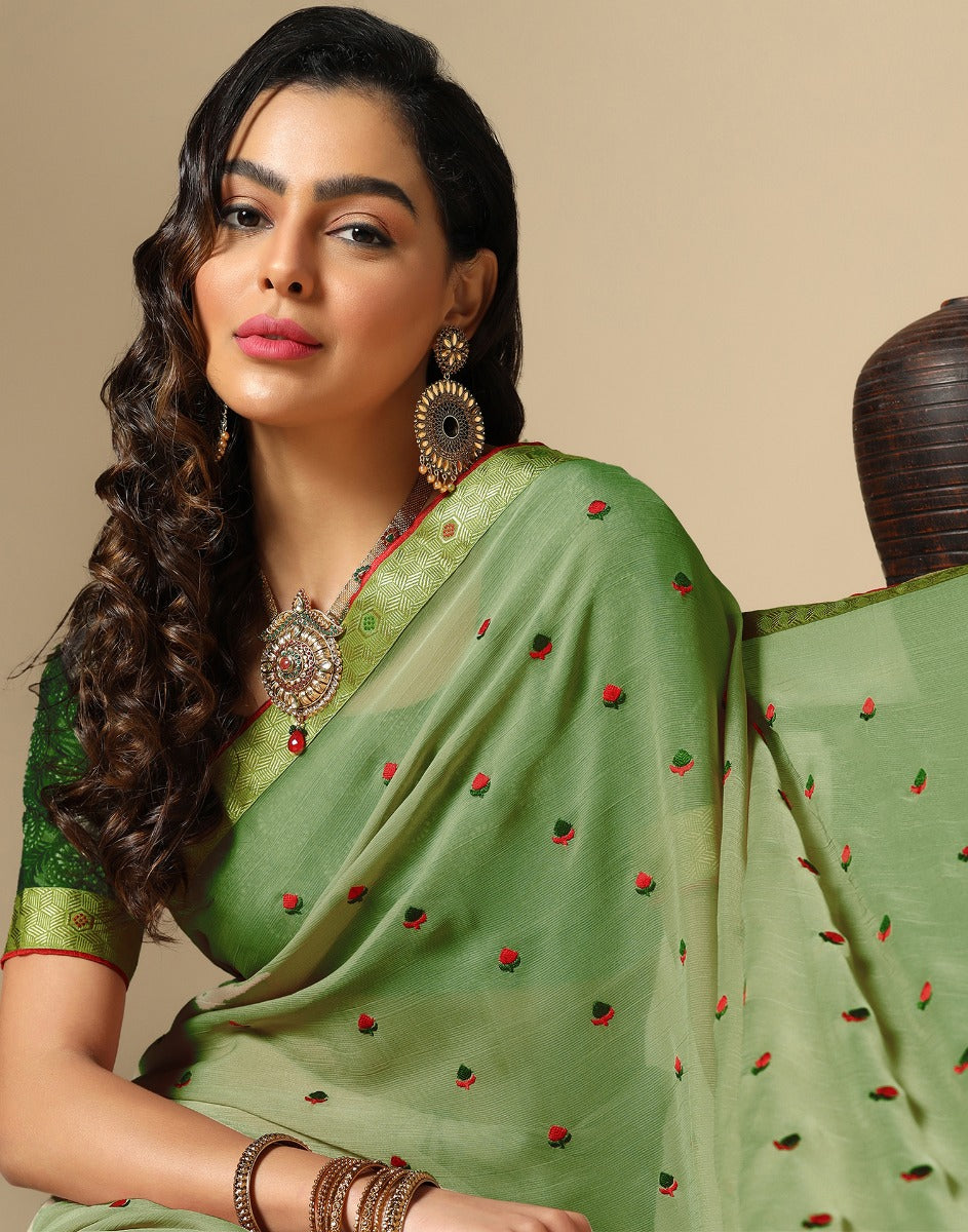 Light Green Chiffon Embroidery Saree | Leemboodi