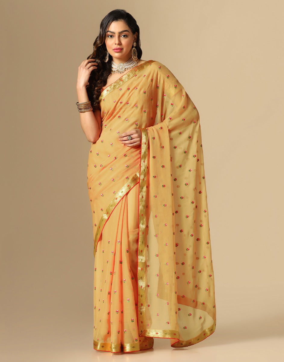 Light Orange Chiffon Embroidery Saree | Leemboodi