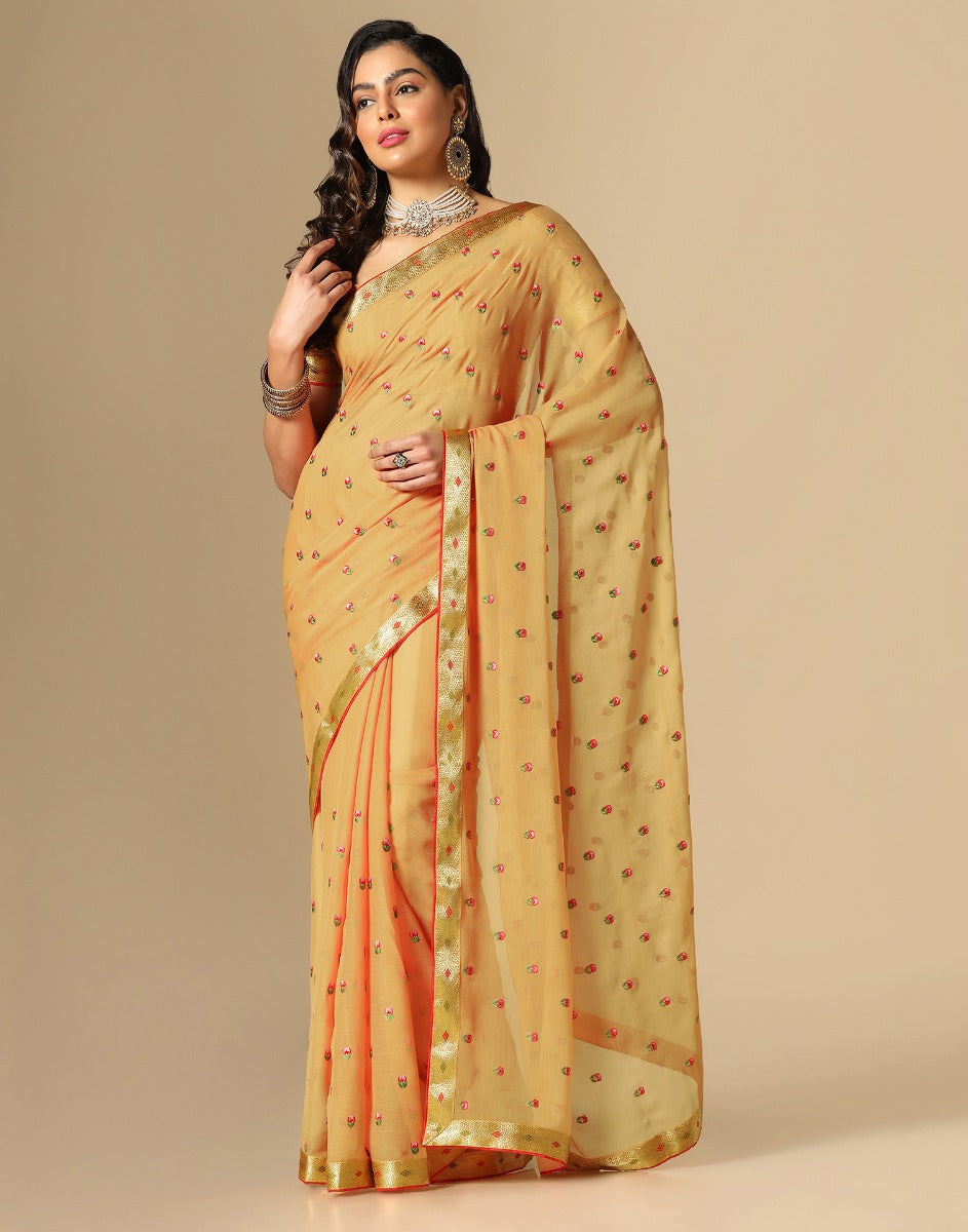Light Orange Chiffon Embroidery Saree | Leemboodi