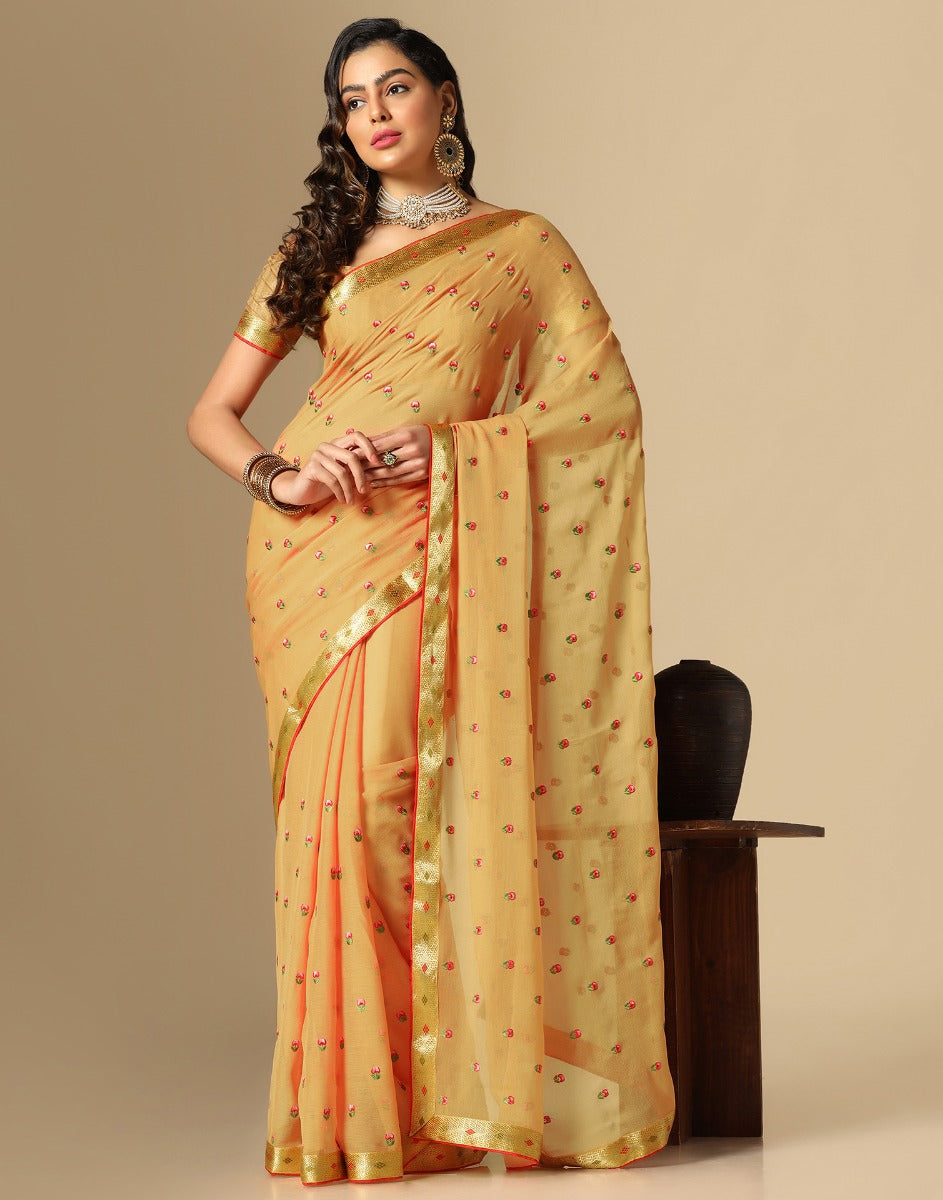 Light Orange Chiffon Embroidery Saree | Leemboodi