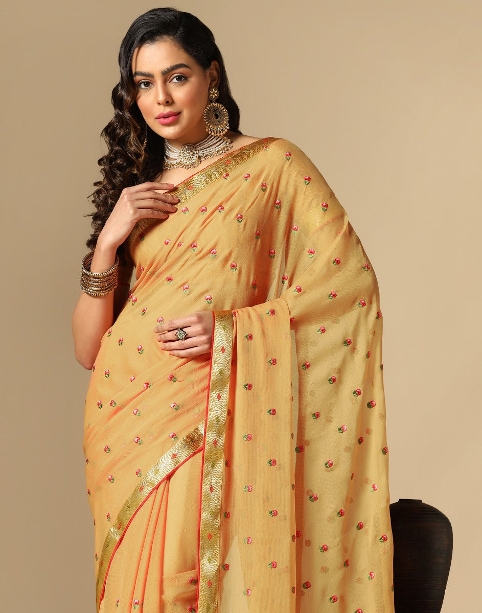 Light Orange Chiffon Embroidery Saree | Leemboodi