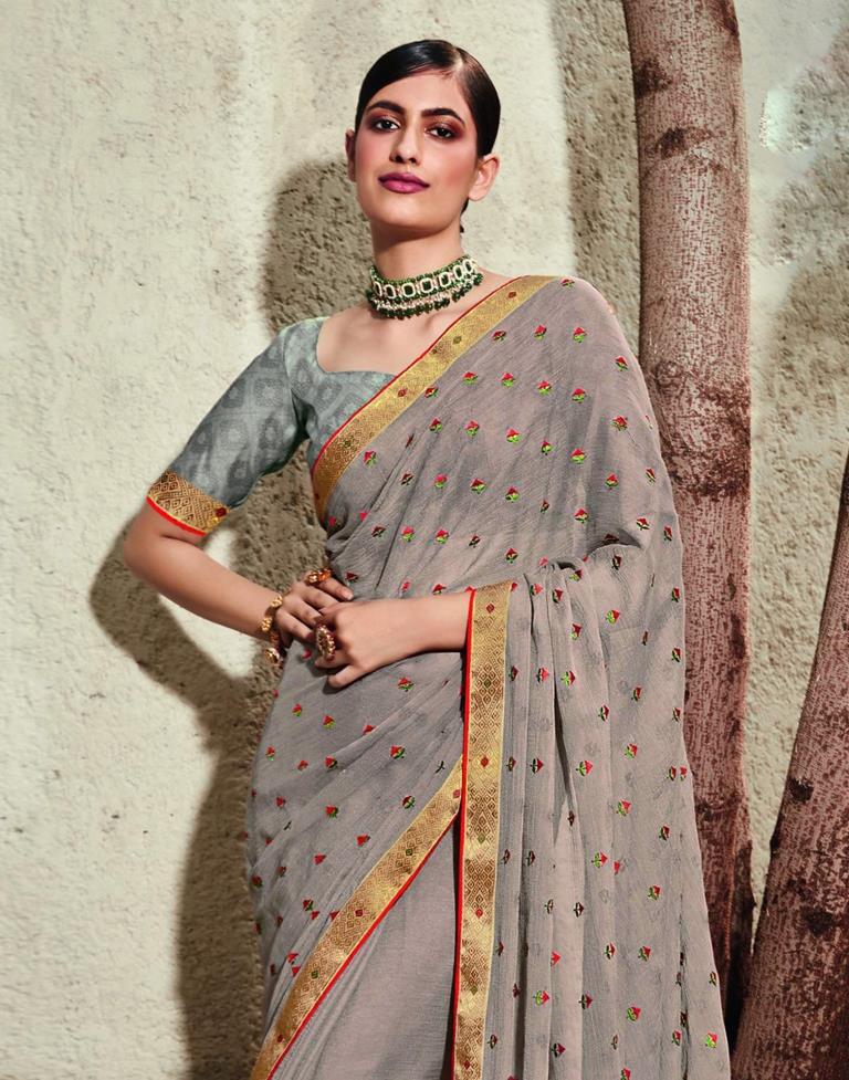 Light Brown Chiffon Embroidery Saree | Leemboodi
