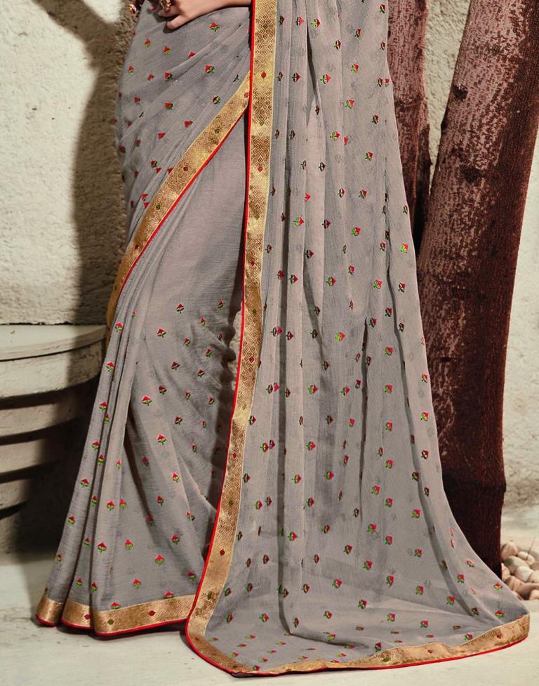 Light Brown Chiffon Embroidery Saree | Leemboodi