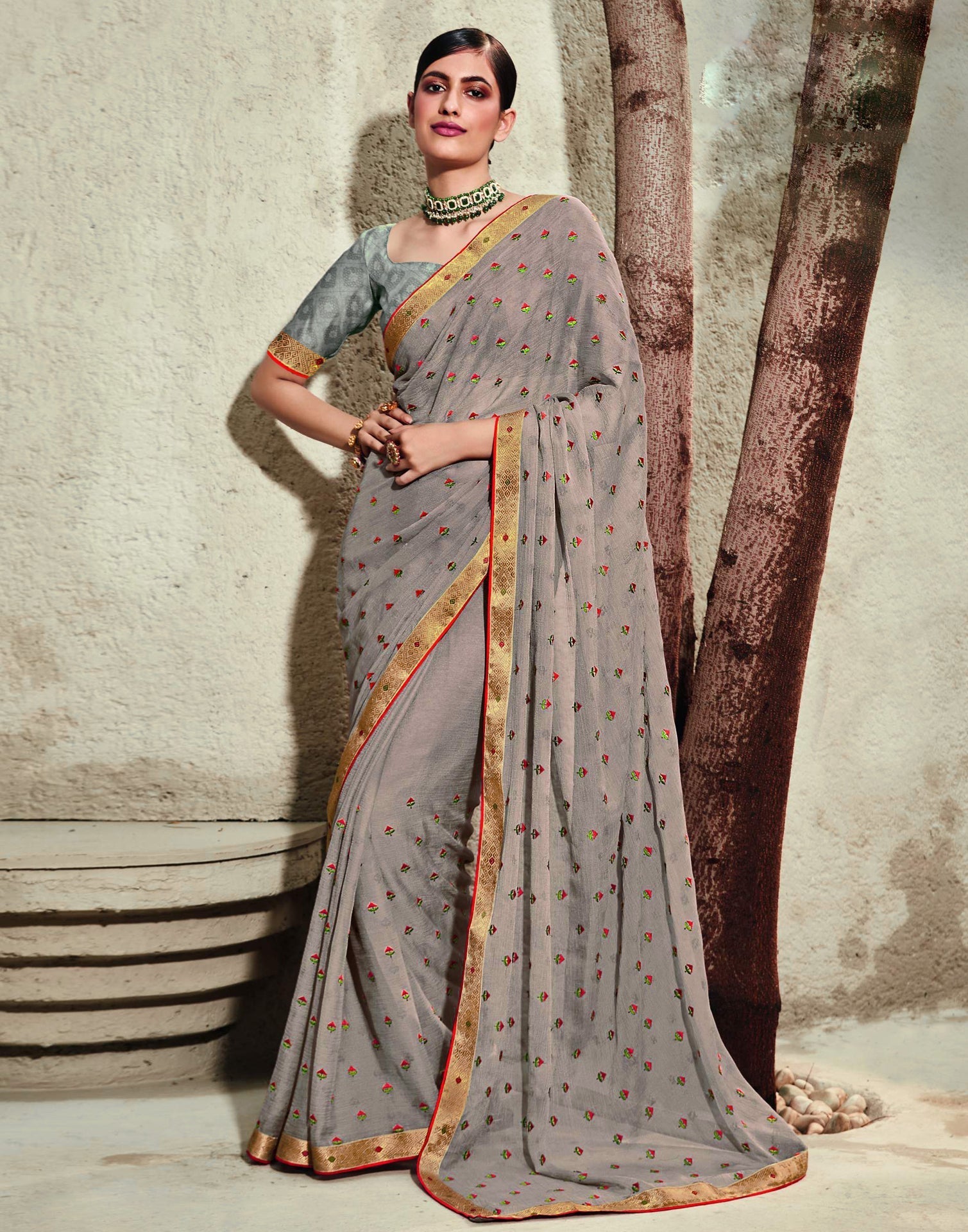 Light Brown Chiffon Embroidery Saree | Leemboodi