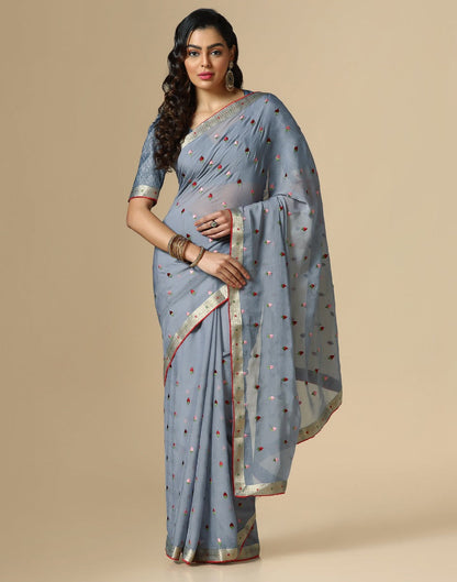 Grey Chiffon Embroidery Saree | Leemboodi