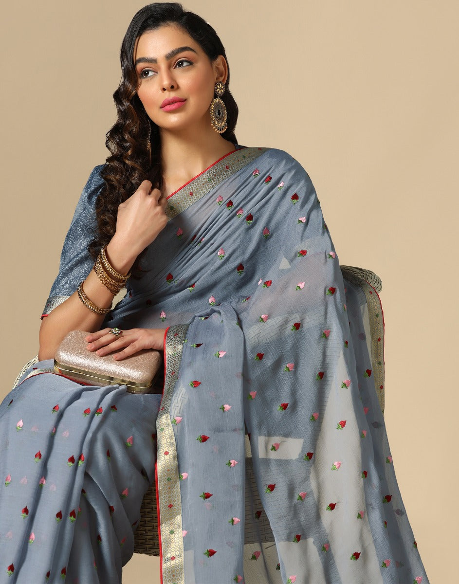 Grey Chiffon Embroidery Saree | Leemboodi