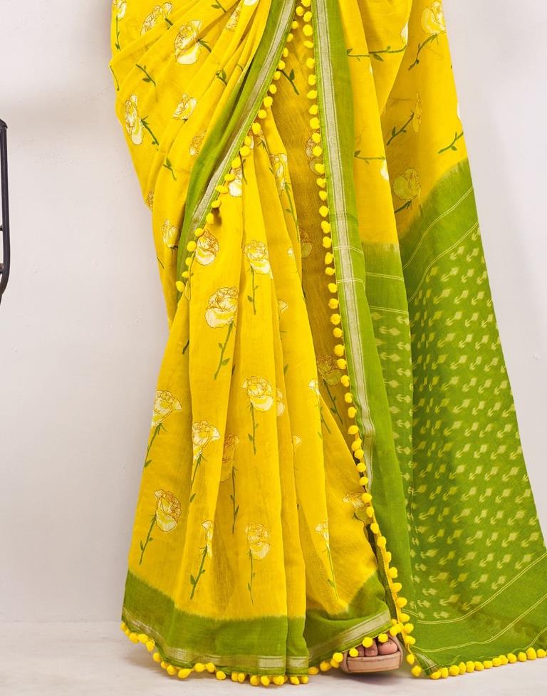 Yellow Cotton Printed Saree