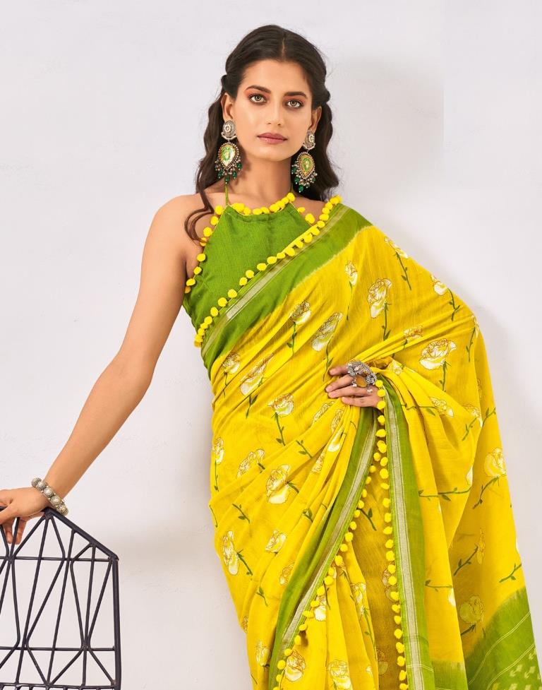 Yellow Cotton Printed Saree