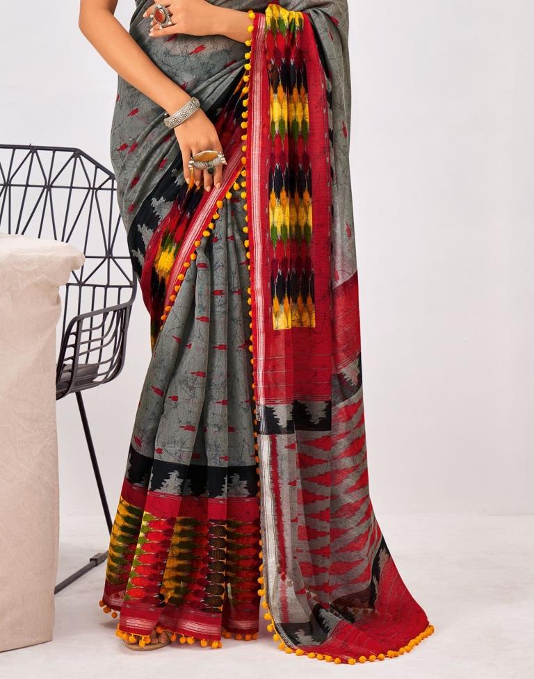 Grey Cotton Printed Saree