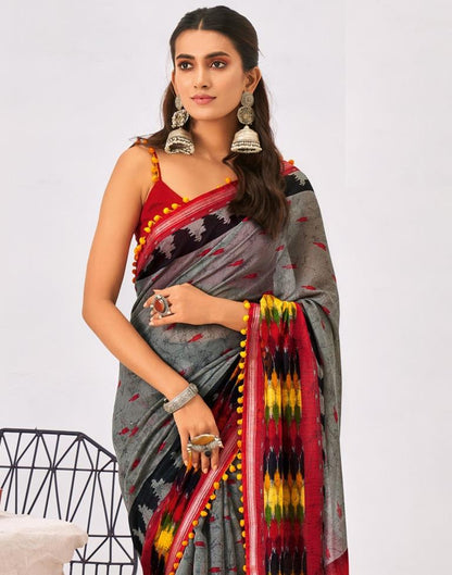 Grey Cotton Printed Saree
