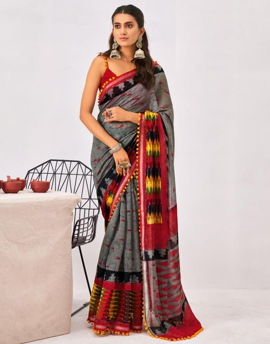 Grey Cotton Printed Saree