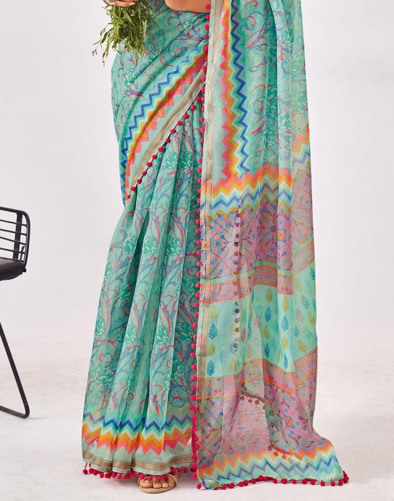 Turquoise Green Cotton Printed Saree