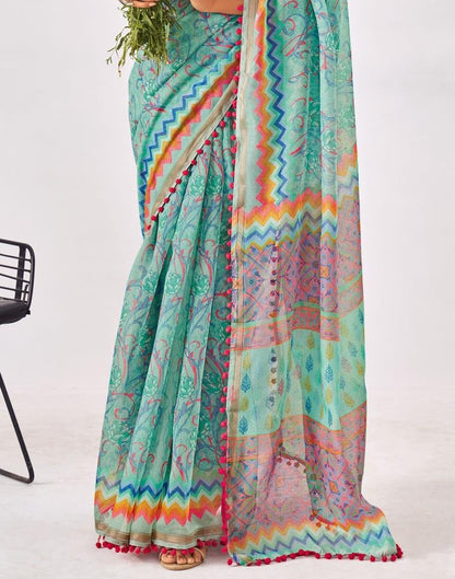 Turquoise Green Cotton Printed Saree