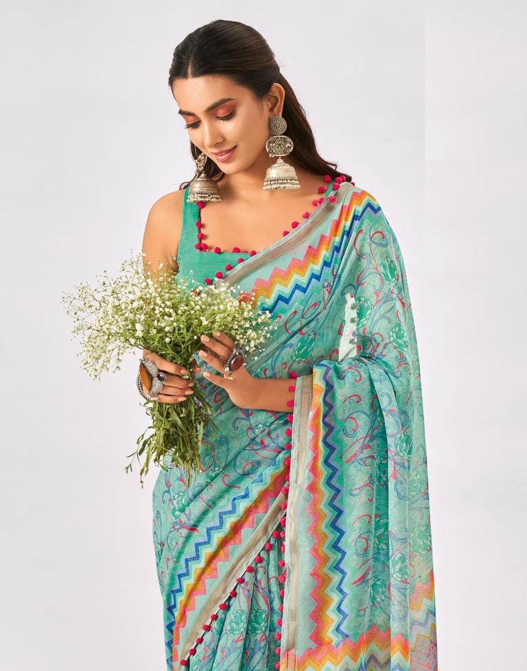 Turquoise Green Cotton Printed Saree