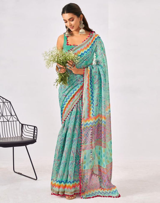 Turquoise Green Cotton Printed Saree
