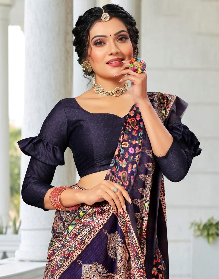 Navy Blue Printed Saree | Leemboodi