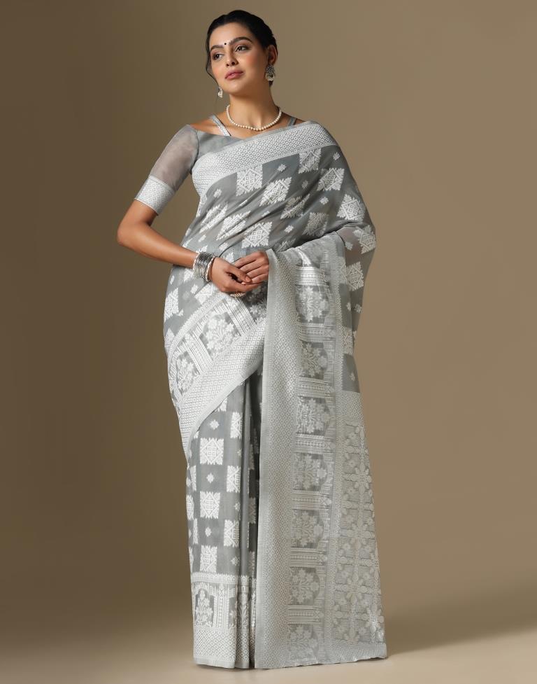Grey Cotton Weaving Saree