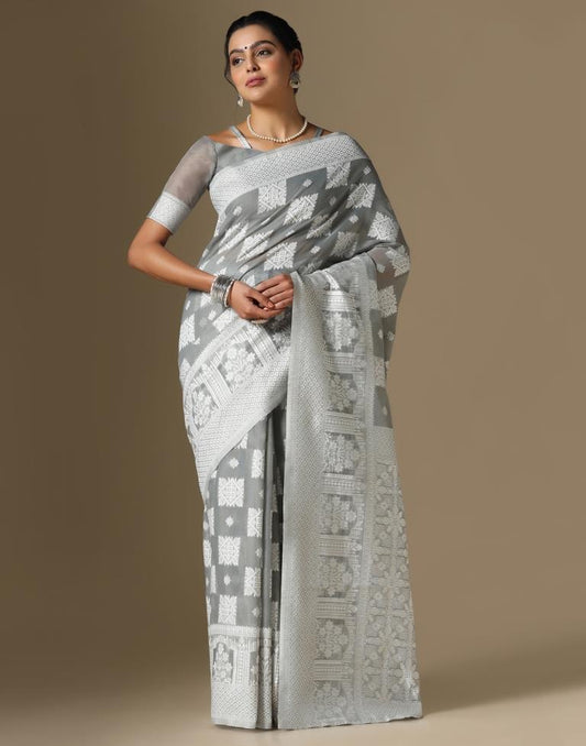 Grey Cotton Weaving Saree