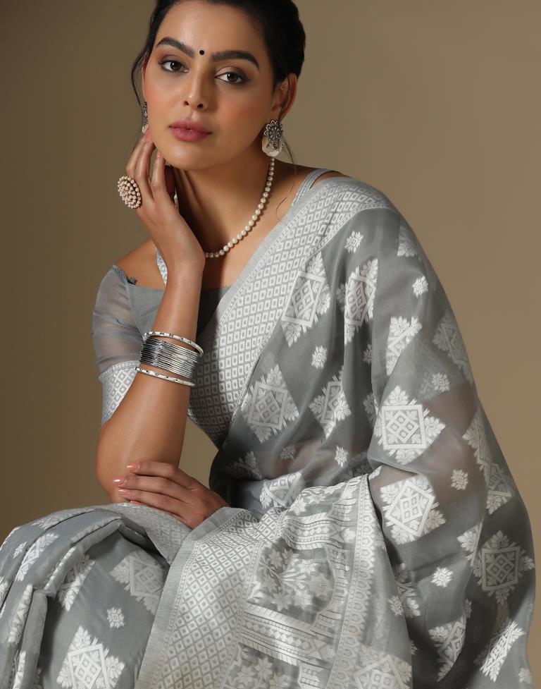 Grey Cotton Weaving Saree