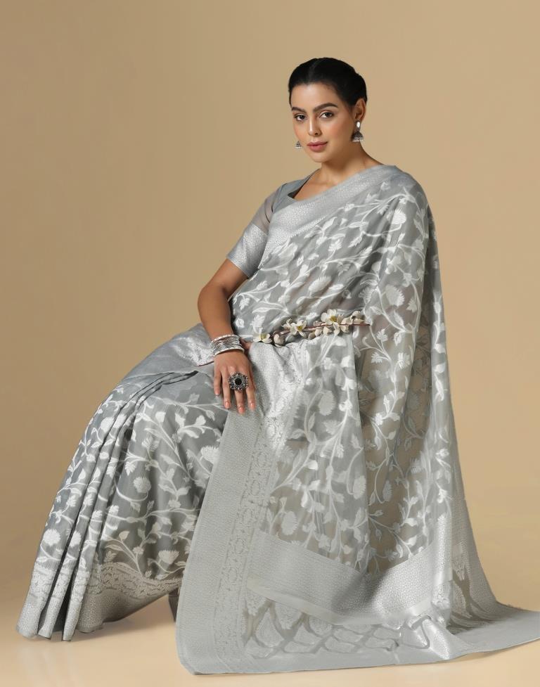 Grey Cotton Weaving Saree