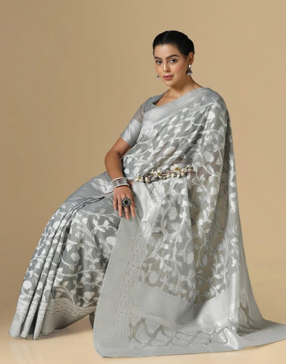 Grey Cotton Weaving Saree