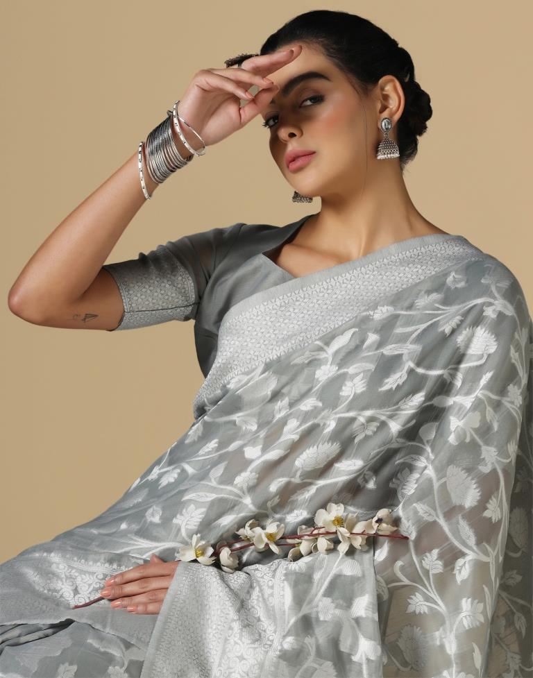Grey Cotton Weaving Saree