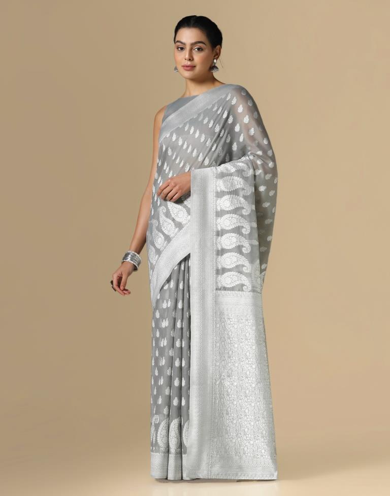 Grey Cotton Weaving Saree