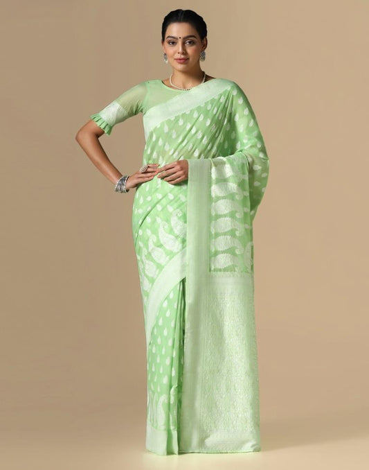 Light Green Cotton Weaving Saree