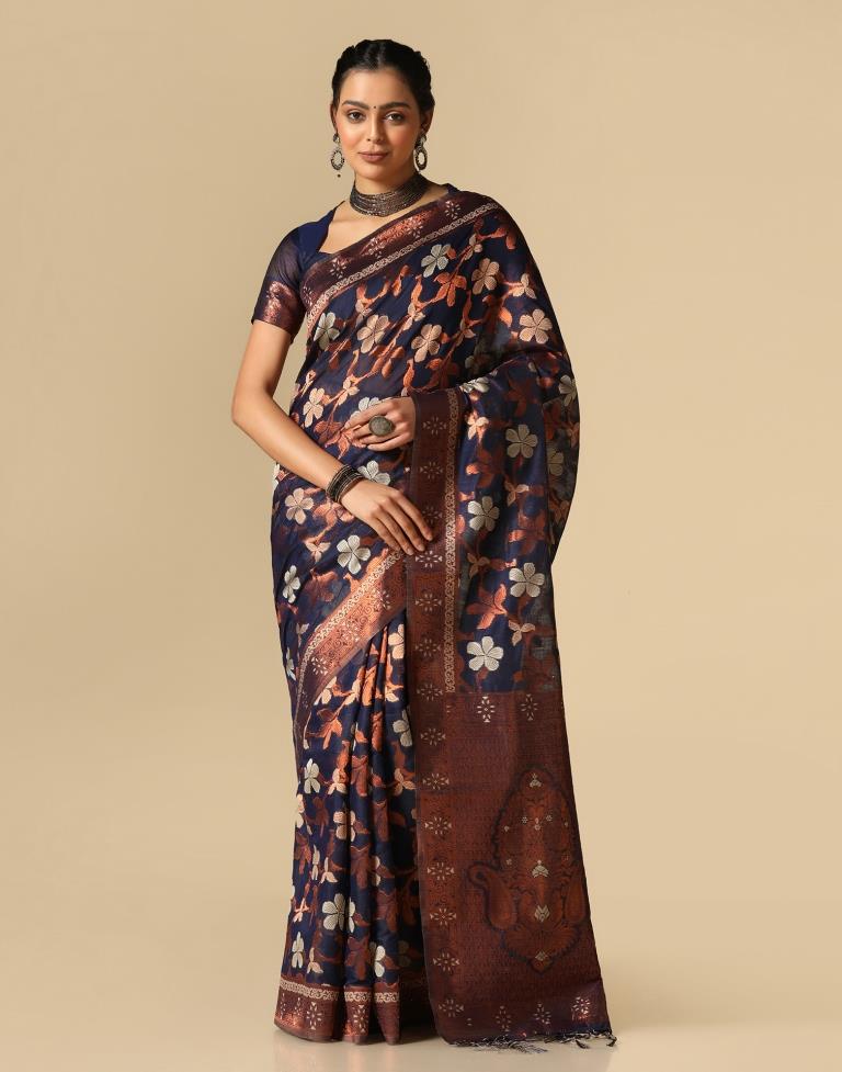 Dark Blue Banarasi Cotton Saree | Leemboodi
