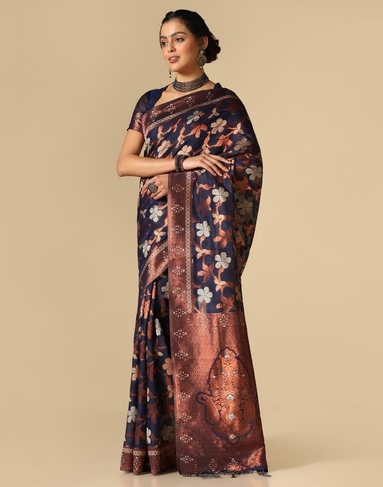 Dark Blue Banarasi Cotton Saree | Leemboodi