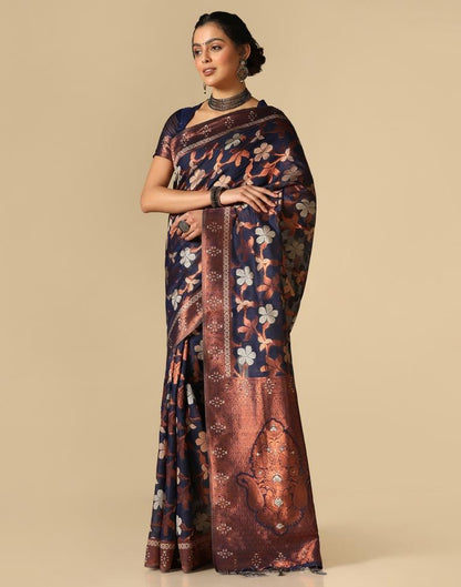Dark Blue Banarasi Cotton Saree | Leemboodi