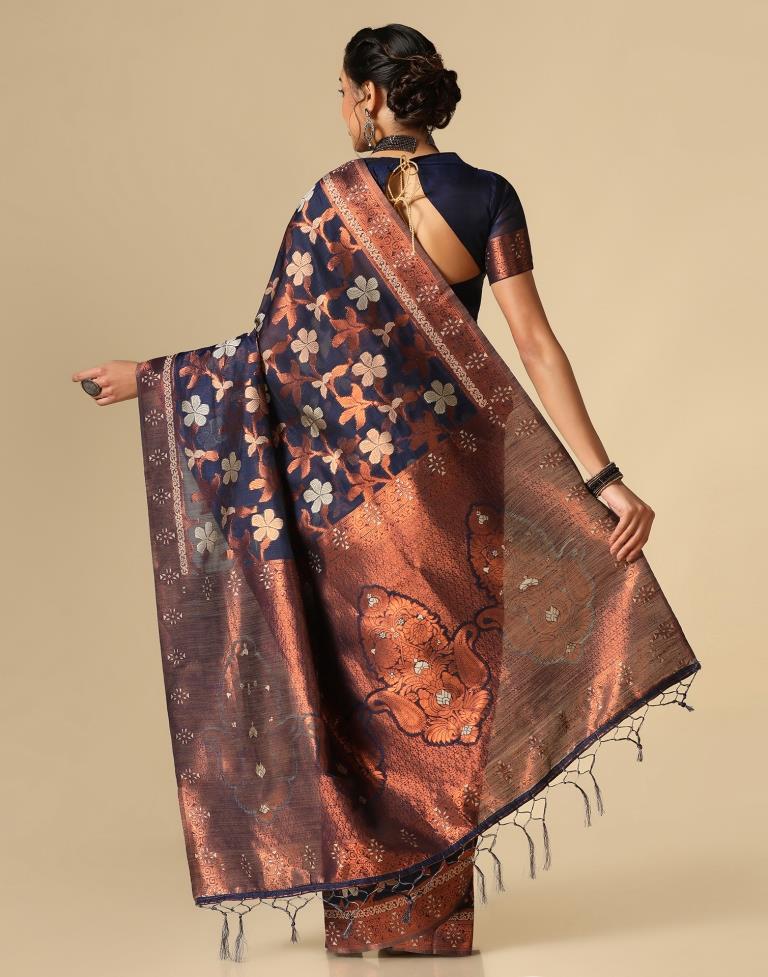 Dark Blue Banarasi Cotton Saree | Leemboodi