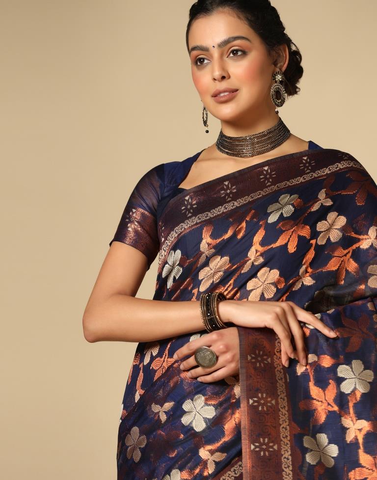 Dark Blue Banarasi Cotton Saree | Leemboodi