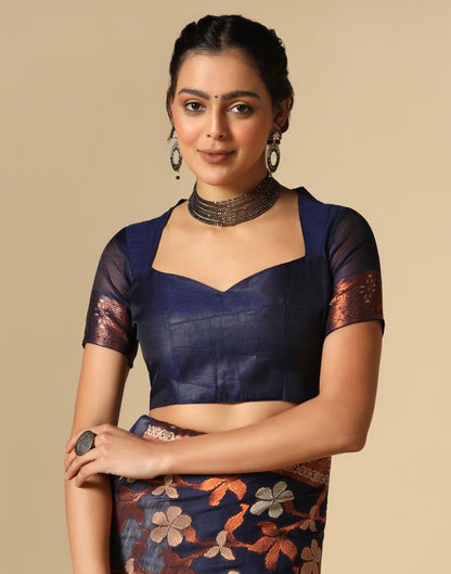 Dark Blue Banarasi Cotton Saree | Leemboodi