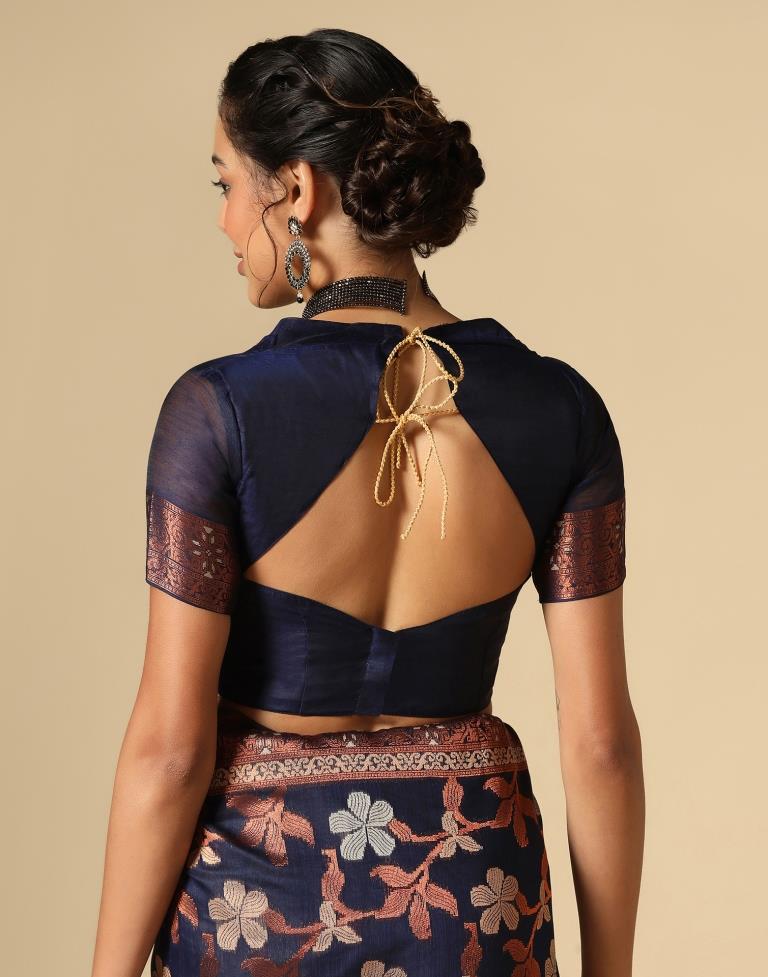 Dark Blue Banarasi Cotton Saree | Leemboodi