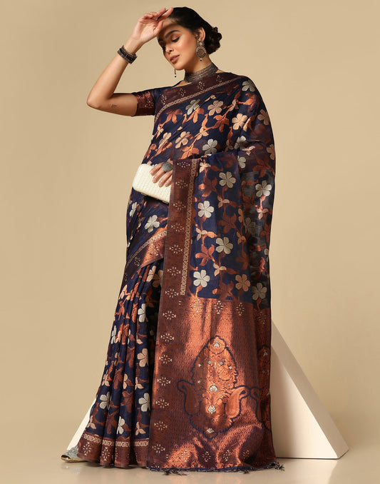 Dark Blue Banarasi Cotton Saree | Leemboodi